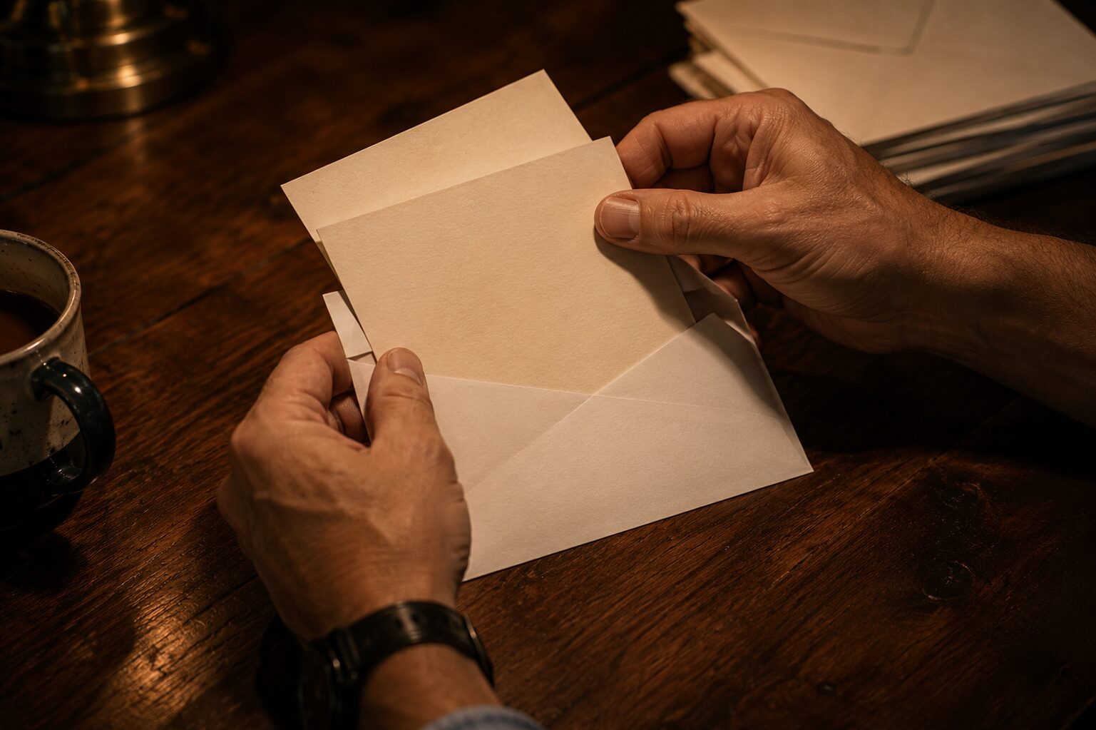 Hands opening a Dad-Scaped card at a wooden table.